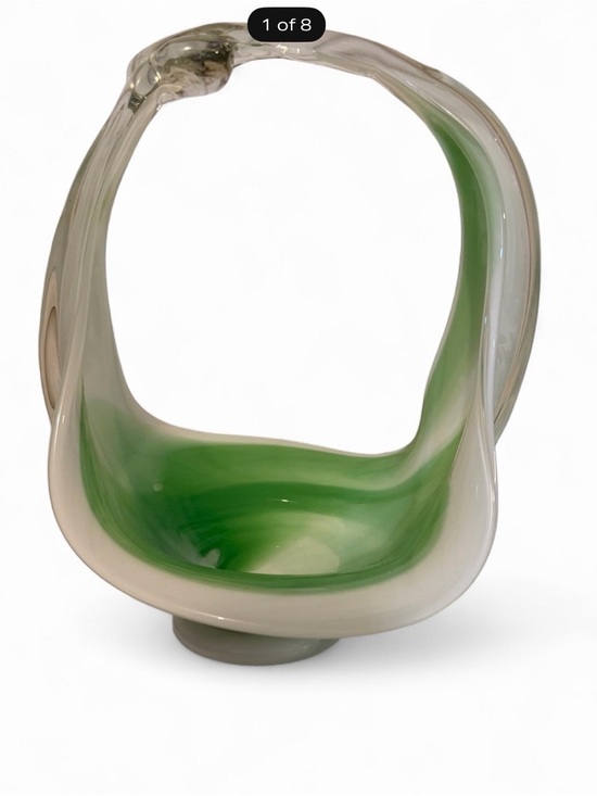 MCM Other - Vintage MCM Hand Blown Murano Style Green White Cased Art Glass Basket Bowl 12.5